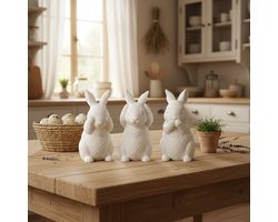 Decoratieve beeldjes pasen Konijntjes Set van 3 stuk - Paasdecoratie - Paasornament - paaskonijn decoratie, paas konijn, paashaas ornament, paasdecoratie konijn, set paaskonijnen, handgemaakte paas konijn