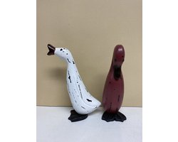 Decoratieve beeldjes "vogels" Set van 2 stuks - wit & rood - Hoogte 19x10x5 cm - hout - Decoratieve beeldjes - Woonaccessoires