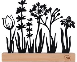 Decoratieve Bloemenweide van Metaal met Bamboe Sokkel - Perfect voor Vensterbank, Keuken of Woonkamer