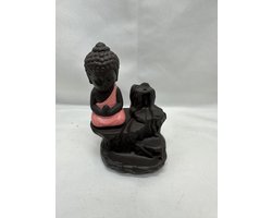 Decoratieve Boeddha op rots wierrookhouder - roze - hoogte 12 cm x 9 x 6 cm - polyresin - Woonaccessoires - Decoratieve beelden - Wierrookhouder