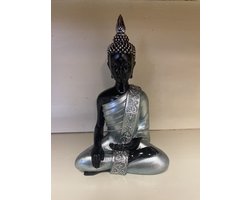 Decoratieve Boeddha zittend - blauw metallic + zwart - hoogte 20.5 cm x 14 x 12 cm - polyresin - Woonaccessoires