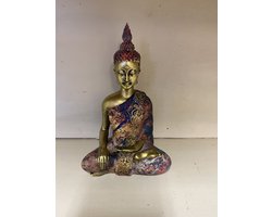 Decoratieve Boeddha zittend - meerkleurig + goud - hoogte 16 cm x 10 x 9 cm - polyresin - Woonaccessoires