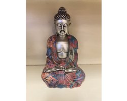 Decoratieve Boeddha zittend - Meerkleurig + zilver - hoogte 21 cm x 13 x 12 cm - polyresin - Woonaccessoires