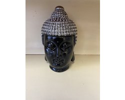 Decoratieve Boeddha - zwart + zilver - hoogte 22 cm x 16 x 7 cm - polyresin - Woonaccessoires