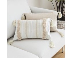 Decoratieve Boho geweven getufte katoenen sierkussensloop 12 x 20 - beige - voor bank slaapbank - met kwastjes - woonkamer kantoor auto - 30x50 lendenkussen kussensloop 30x50