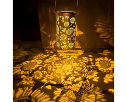 Decoratieve buitenlamp voor terras en camping – Tuinlamp op zonne-energie – IJzeren lantaarn met zonnebloemmotief – Buitenverlichting op zonne-energie – Decoratieve campinglamp – 20 x 12 cm