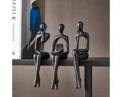 Decoratieve denker beelddecoratie - moderne woonaccessoires - set van 3 - zwart - hoogwaardig hars - 4,5 x 6 x 17 cm