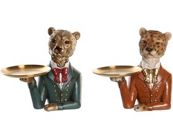 Decoratieve figuren DKD Home Decor 17,5 x 11 x 23,5 cm Blauw Gouden Bruin Luipaard Koloniaal (2 Stuks)