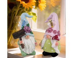 Decoratieve figuren kabouter, 2 stuks Zweedse tomte-elfenkabouterfiguren met paddenstoel en houten bord voor de tuin, woondecoratie, decoratie voor terras voor balkon