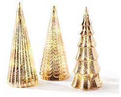 Decoratieve Glazen Bomen Set van 3 met Licht - 25 cm Hoog - Champagnegoud