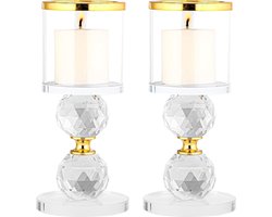 Decoratieve grote kristal gouden glazen kaarsen kandelaars - set van 2 - H15,5 - doorzichtig - taps-toelopende kaarshouders - ornament voor huis, bruiloft, feest - tafel & dinertafel