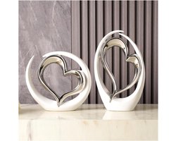 Decoratieve Hart Sculptuur - Abstract Kunstbeeld - Woonkamer Decoratie - Keramische Textuur - 22.5cm en 31.5cm - Wit Goud Zilver