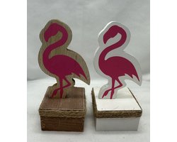Decoratieve houten flamingo's op standaard - Set van 2 stuks - Houtkleurig + roze - hoogte 15x6cm - Woonaccessoires - Flamingo's