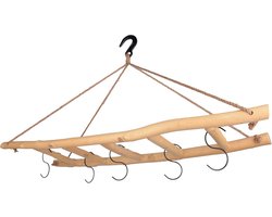 Decoratieve Houten Hangladder van Essen Hout met 5 Haken en Gietijzeren Bevestiging