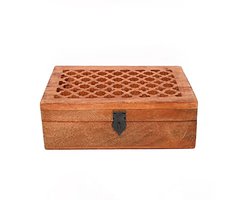 Decoratieve houten kist organizer met scharnierend deksel en Jali houtsnijwerk - Perfecte opbergdoos voor decoratie en geschenken