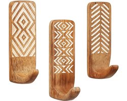 Decoratieve houten klevende wandhaken in Indiase Boheemse stijl voor het ophangen van kleding - 3haken 6Waterdichte, roestvrije handdoekhouder, badkamer- en keukenhanger zonder boren -Schattige sleutelhanger voor aan de muur