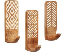 Decoratieve houten klevende wandhaken in Indiase Boheemse stijl voor het ophangen van kleding - 3haken 6Waterdichte, roestvrije handdoekhouder, badkamer- en keukenhanger zonder boren -Schattige sleutelhanger voor aan de muur
