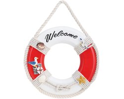 Decoratieve Houten Reddingsboei met Welkom Opschrift - Maritieme Hangdecoratie voor Thuis