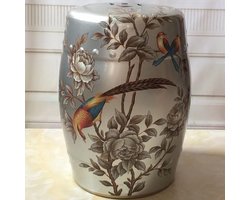 Decoratieve Keramische Kruk - Trommelkruk Bloemen - Buiten Zitten - Handgeschilderd Glazuur - Compact Formaat - Multicolor