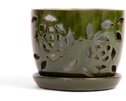 Decoratieve Keramische Orchideeënvaas met Bloemmotief en Waterafvoer