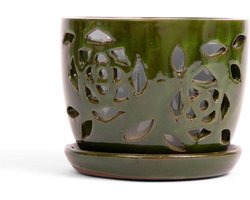 Decoratieve Keramische Orchideeënvaas met Bloemmotief en Waterafvoer