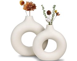 Decoratieve keramische vazen ​​- Set van 2 ronde vazen ​​in modern wit design voor woonkamer, slaapkamer, bruiloft of tafeldecoratie