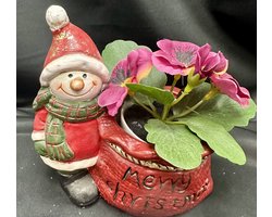 Decoratieve Kerst bloempot "Sneeuwpop + Merry Christmas" - rood - hoogte 14 x 16 x 13 cm - keramiek - Woonaccessoires - Kerst accessoires