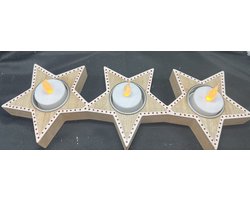 Decoratieve Kerst theelichthouder "Kerst sterren" - hout - set van 3 theelichthouders aan elkaar - hoogte 13 x 30 x 3 cm - meerkleurig - exclusief theelichtjes - Woonaccessoires - Decoratieve theelichthouders - Kerst accessoires