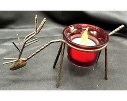 Decoratieve Kerst theelichthouder "rendier" - metaal + glas - hoogte 10 x 18 x 1 cm - bruin + rood glas - exclusief theelicht - Woonaccessoires - Decoratieve theelichthouders - Kerst accessoires