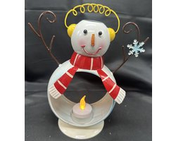 Decoratieve Kerst theelichthouder "Sneeuwpop" - metaal - hoogte 20 x 19 x 9 cm - meerkleurig - exclusief theelicht - Woonaccessoires - Decoratieve theelichthouders - Kerst accessoires