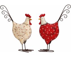 Decoratieve kippenfiguren - Tuindecoratie set - Lentefeest decoratie - Speels puntdesign - 25 cm hoog - Rood en crème