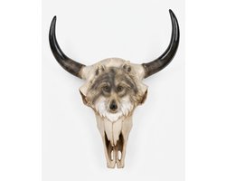 Decoratieve Koeienschedel met Wolf – Wanddecoratie – Stierenschedel met Wolfsculptuur – Polystone – 29 x 25 x 8 cm – Western & Country Woondecoratie