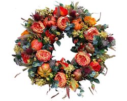 Decoratieve krans - 40 cm - Herfstkrans voor aan de muur - Decoratie met pioenrozen en pompoenen - Oogstkrans - Geschikt voor thuis, feesten, woonkamers, appartementen, veranda's - Perfect voor Thanksgiving, Kerstmis en Halloween