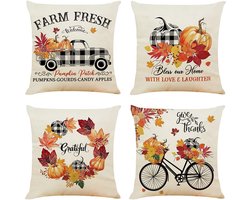 Decoratieve kussenhoes 50 x 50 cm, set van 4 kussenslopen, herfst, esdoornblad, bank, woonkamer, sierkussen, pompoen, bank, kussensloop, landhuisstijl, sierkussen, linnen, outdoor, kussen, bankkussen, bankkussen