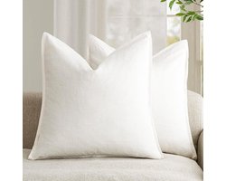 Decoratieve Kussenhoezen - Accentkussens Linnen - Woonkamer Decoratie - Met Flanel Rand - 66 x 66 cm - Crèmewit