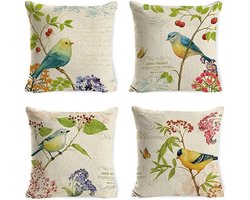 Decoratieve Kussenhoezen Set van 4, 45 x 45 cm, Bloemen en Vogels Motief, Ideaal voor Bank, Slaapkamer en Woonkamer, Perfecte Accessoires voor Thuis en Auto