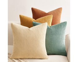 Decoratieve Kussenhoezen Set van 4 - Fluwelen Oranje-Blauwe Kussens voor Sofa, Slaapkamer en Woonkamer - Luxe, Striped en Fluffy Design