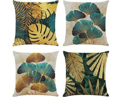 Decoratieve Kussenhoezen Set van 4 - Luxe 40x40 Kussenhoezen in Goud en Turquoise Ginkgo Patroon voor Woonkamer en Tuin