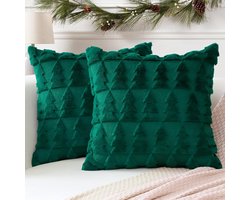 Decoratieve Kussenhoezen - Zachte Sierkussens - Kerst Interieur - 3D Geborduurd Patroon - 40x40cm Set van 2 - Groen met Boom