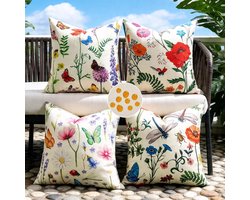 Decoratieve Kussenset van 4 Stuks 45 x 45 cm met Botanische Illustraties en Insecten, Weerbestendig voor Woonkamer en Terras