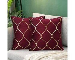 Decoratieve Kussenslopen Set van 2 - 40x40 cm, Bordeauxrood en Goud, Fluweel, Geometrisch Design voor Bank, Stoel, Balkon