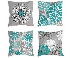 Decoratieve Kussenslopen Set van 4 - Turkoois en Grijs - 20x20 cm voor Moderne Woonkamer