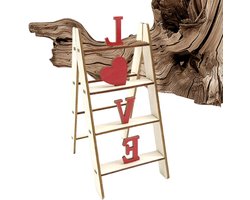 Decoratieve Ladder - Houten Bord - Feestelijke Decoratie - Hartvormige Letters - 15 x 10 cm - Houtkleurig Rood