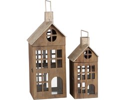Decoratieve Lantaarn Set - Houten Windlicht - Sfeerverlichting Huis - Twee Verschillende Maten - 40 & 58 cm - Bruin