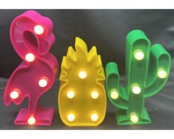 Decoratieve LED lampen "Flamingo/Ananas & Cactus" met 5 LEDs - Set van 3 stuks - roze/geel/groen - hoogte 15x6x2.5 cm - Te gebruiken als Tafel -/ of wandlamp - Nachtlamp - Decoratieve verlichting - Woonaccessoires