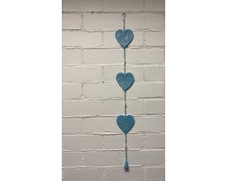 Decoratieve metalen hanger met 3 harten + bel - blauw - lengte 82x10x10cm - Woonaccessoires - Decoratieve hangers