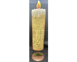 Decoratieve metalen Kerst kaars "Merry Christmas & Joy" op standaard - metaal - meerkleurig - hoogte 39 x 10 x 1 cm - Kerst accessoires - Woonaccessoires