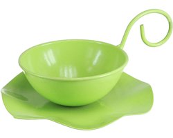 Decoratieve metalen kop met schotel, lichtgroen, H8cm Ø11,5cm, 2 stuks