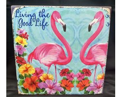 Decoratieve onderzetter "Flamingo's" - meerkleurig - hoogte 20 x 20 x 1 cm - keramiek - Woonaccessoires - decoratieve borden en onderzetters
