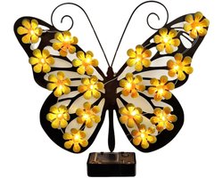Decoratieve, op zonne-energie werkende vlinderwandlamp, metalen vlinderwanddecoratie, waterdichte vlinderwandlamp met bloemvormige ledlampjes, geschikt voor terrassen, tuinen, erven of als decoratie, ook geschikt voor schuttingen (geel).